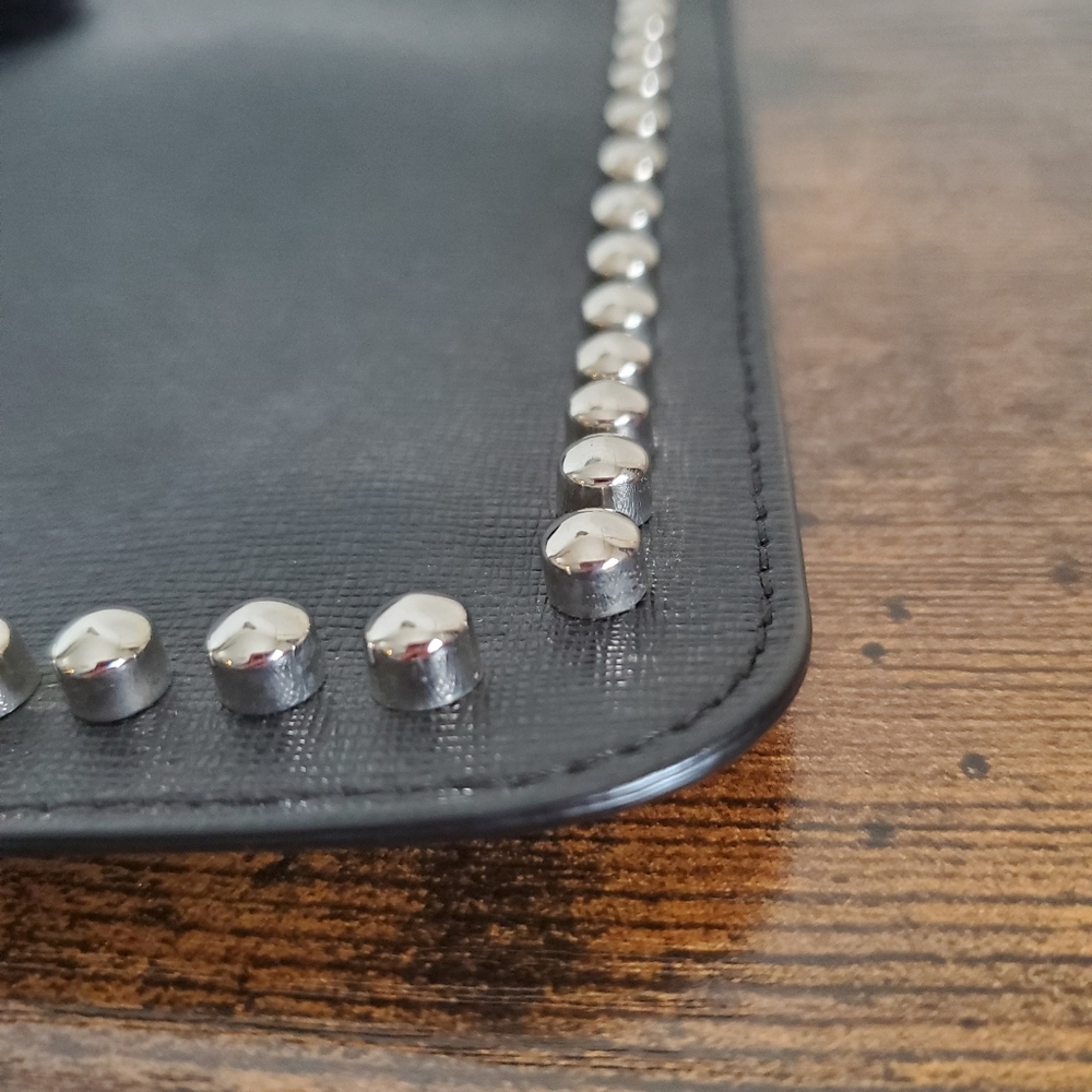 Fendi Black Leather Mink-Trimmed Silver Studded Karlito Pouch - Picture 5 of 12